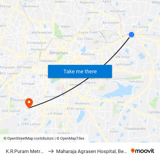 K.R.Puram Metro Station to Maharaja Agrasen Hospital, Bengaluru Urban map