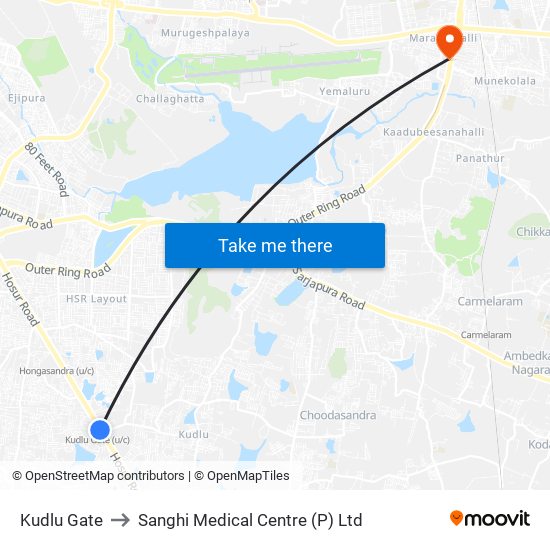 Kudlu Gate to Sanghi Medical Centre (P) Ltd map