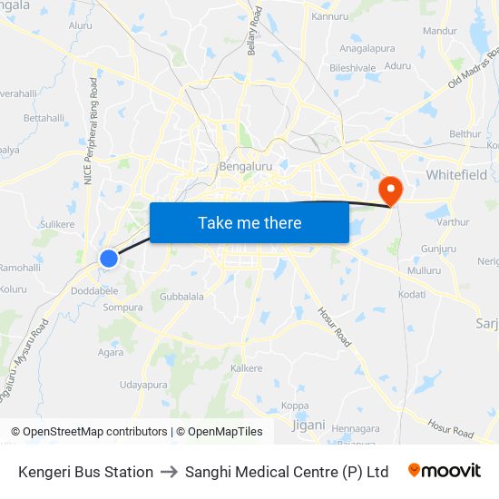 Kengeri Bus Station to Sanghi Medical Centre (P) Ltd map