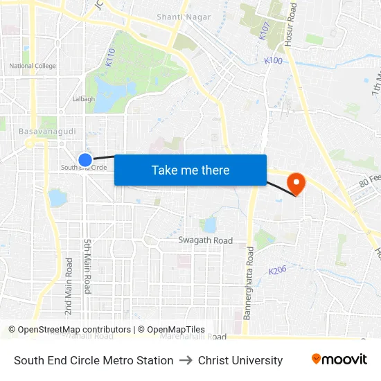 साउथ एंड सर्कल मेट्रो स्टेशन to क्राइस्ट विश्वविद्यालय map