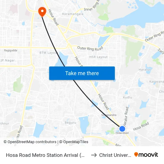 Hosa Road Metro Station Arrival (Mf-22e) to Christ University map