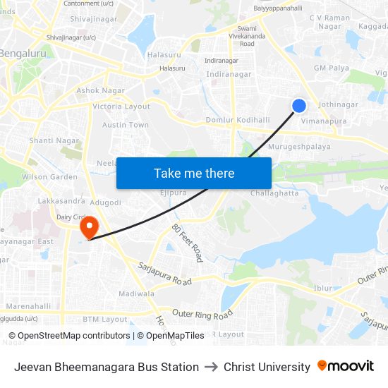 Jeevan Bheemanagara Bus Station to Christ University map