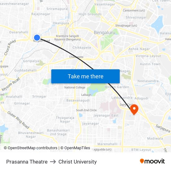 Prasanna Theatre to Christ University map