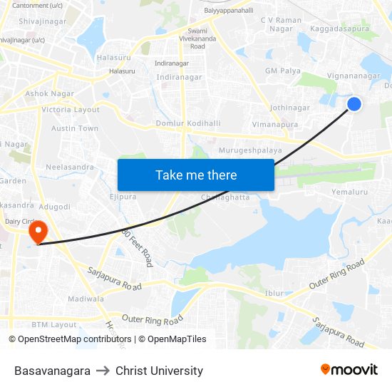 Basavanagara to Christ University map
