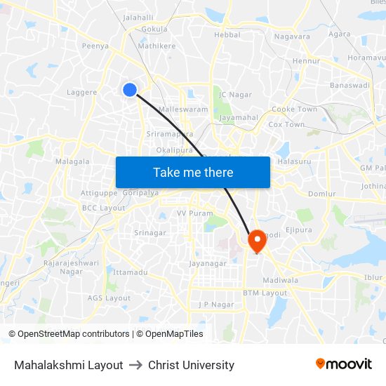 Mahalakshmi Layout to Christ University map