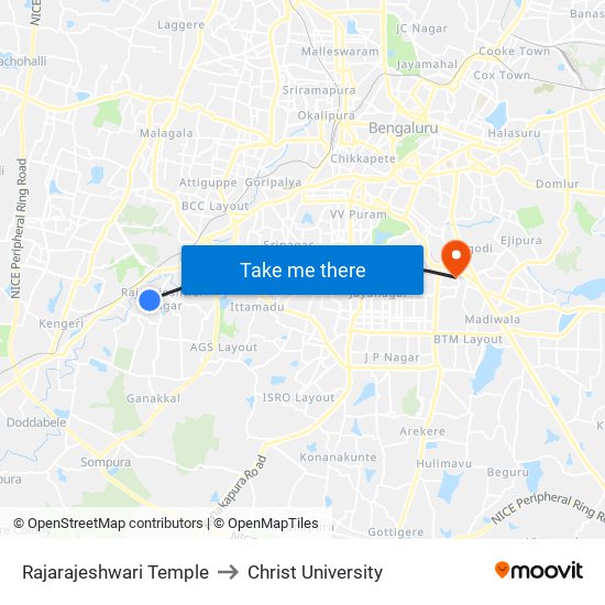 Rajarajeshwari Temple to Christ University map
