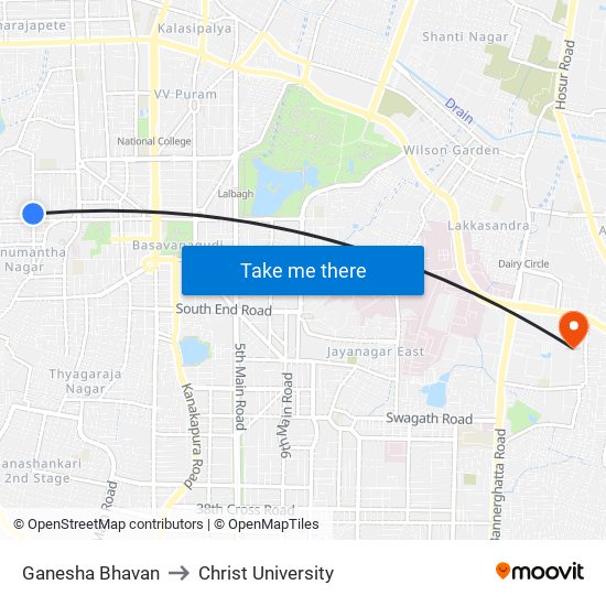 Ganesha Bhavan to Christ University map