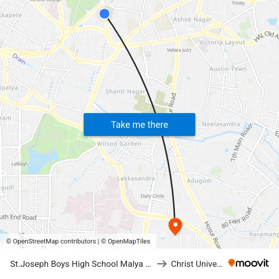 St.Joseph Boys High School Malya Hospital to Christ University map