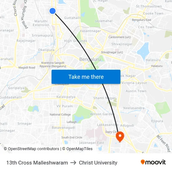 13th Cross Malleshwaram to Christ University map