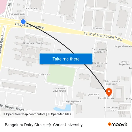 Bengaluru Dairy Circle to Christ University map
