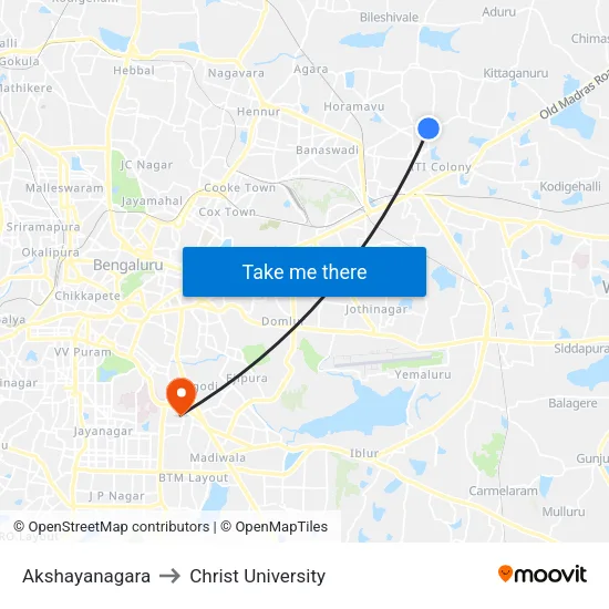Akshayanagara to Christ University map
