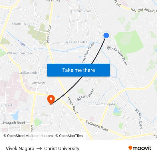 Vivek Nagara to Christ University map