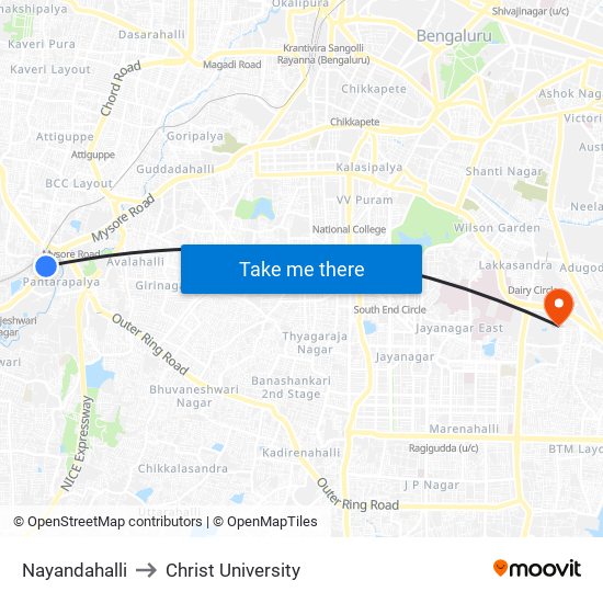 Nayandahalli to Christ University map