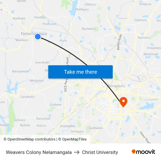 Weavers Colony Nelamangala to Christ University map