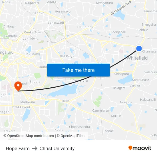 Hope Farm to Christ University map