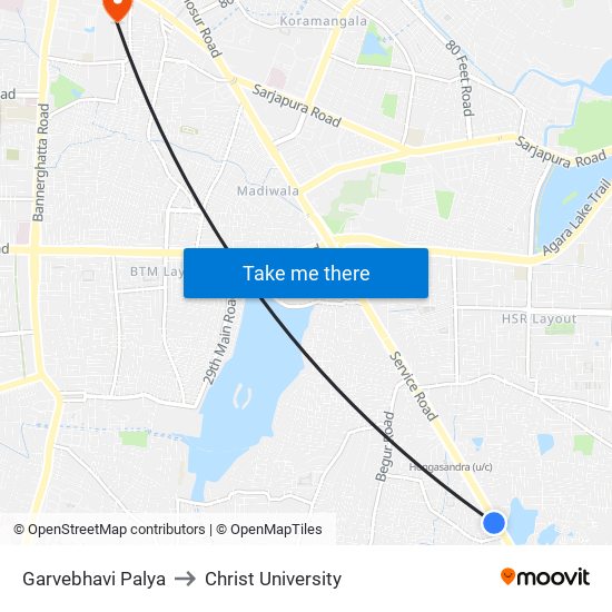 Garvebhavi Palya to Christ University map