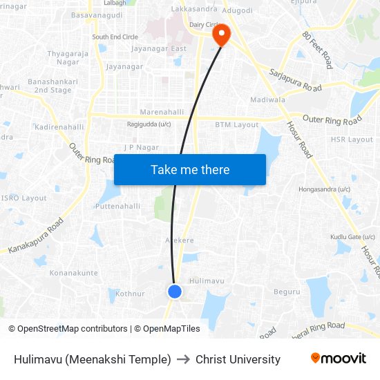 Hulimavu (Meenakshi Temple) to Christ University map