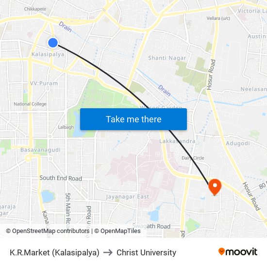 K.R.Market (Kalasipalya) to Christ University map