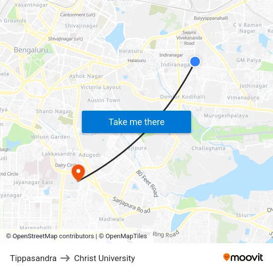 Tippasandra to Christ University map