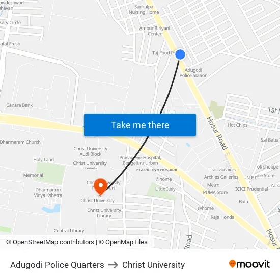 Adugodi Police Quarters to Christ University map