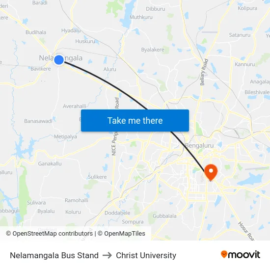 Nelamangala Bus Stand to Christ University map