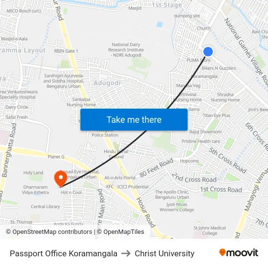 Passport Office Koramangala to Christ University map