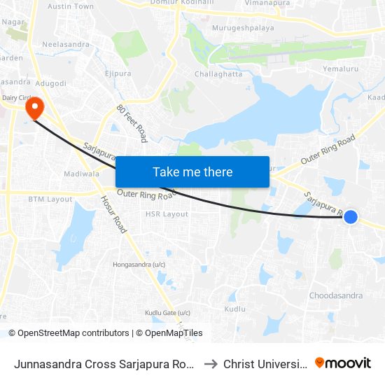 Junnasandra Cross Sarjapura Road to Christ University map