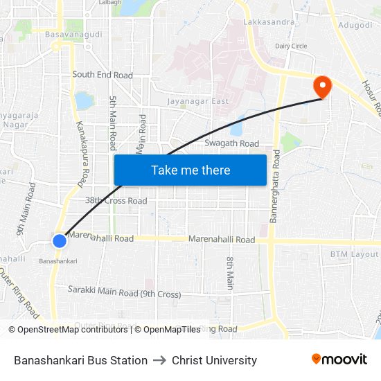 Banashankari Bus Station to Christ University map
