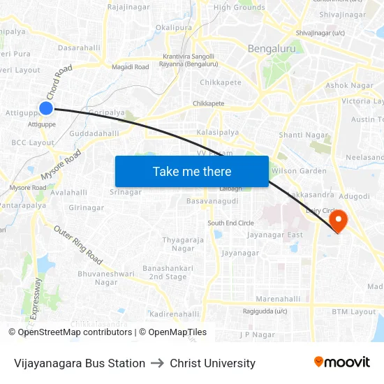 Vijayanagara Bus Station to Christ University map