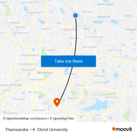 Thanisandra to Christ University map