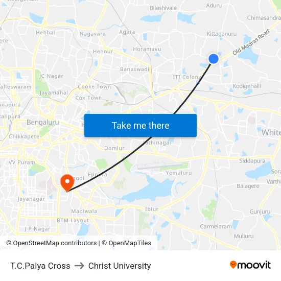 T.C.Palya Cross to Christ University map