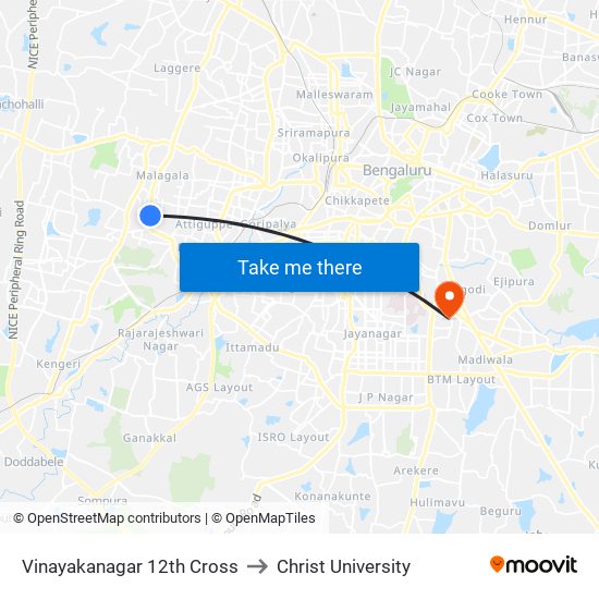 Vinayakanagar 12th Cross to Christ University map