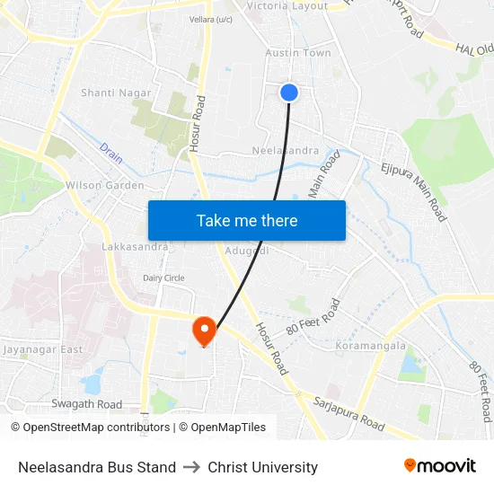 Neelasandra Bus Stand to Christ University map