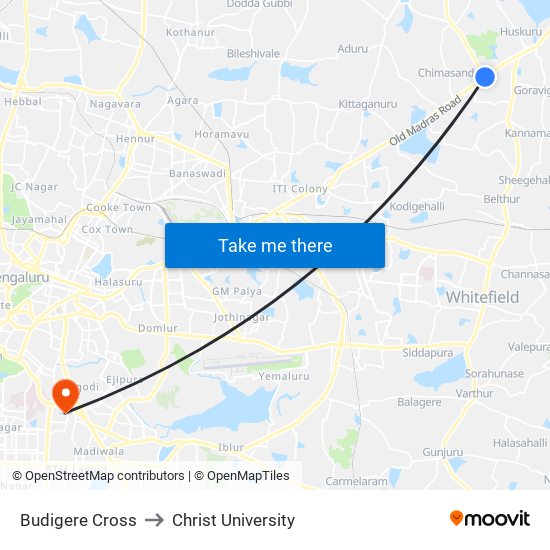 Budigere Cross to Christ University map