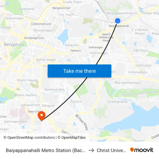 Baiyappanahalli Metro Station (Back Gate) to Christ University map