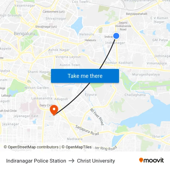 Indiranagar Police Station to Christ University map