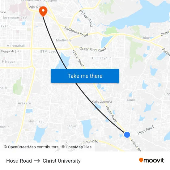 Hosa Road to Christ University map