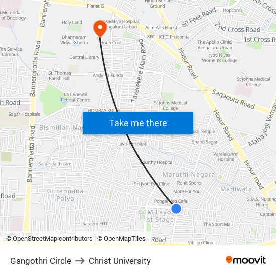 Gangothri Circle to Christ University map