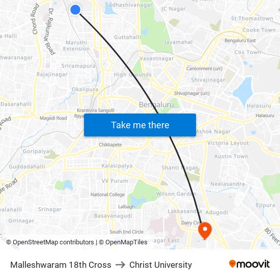 Malleshwaram 18th Cross to Christ University map