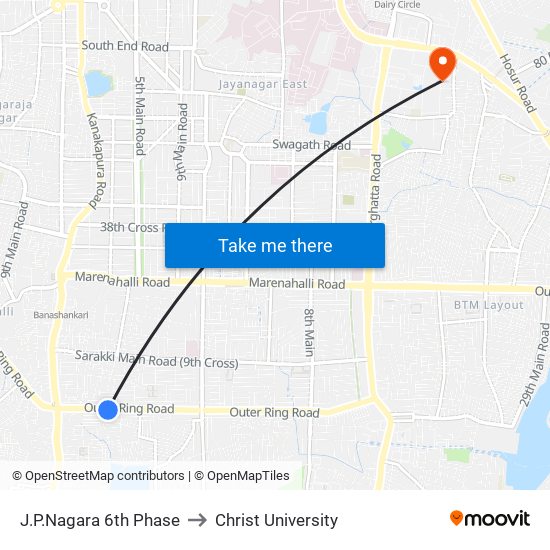 J.P.Nagara 6th Phase to Christ University map