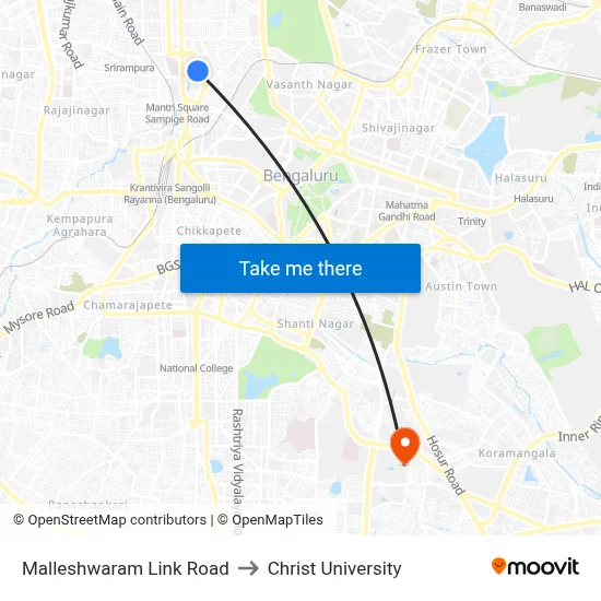 Malleshwaram Link Road to Christ University map