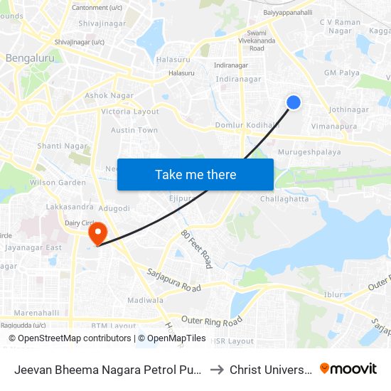 Jeevan Bheema Nagara Petrol Pump to Christ University map