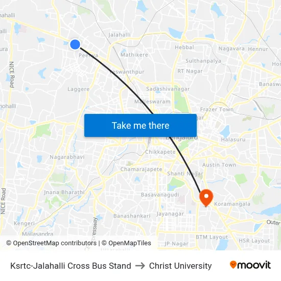 Ksrtc-Jalahalli Cross Bus Stand to Christ University map
