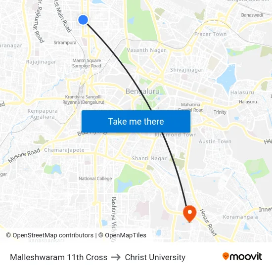Malleshwaram 11th Cross to Christ University map