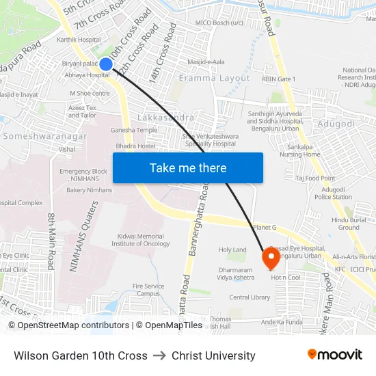Wilson Garden 10th Cross to Christ University map