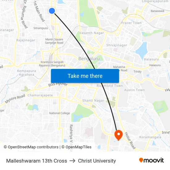 Malleshwaram 13th Cross to Christ University map