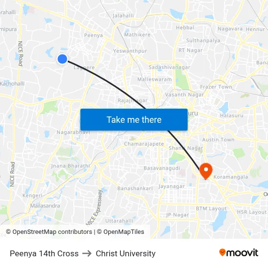 Peenya 14th Cross to Christ University map