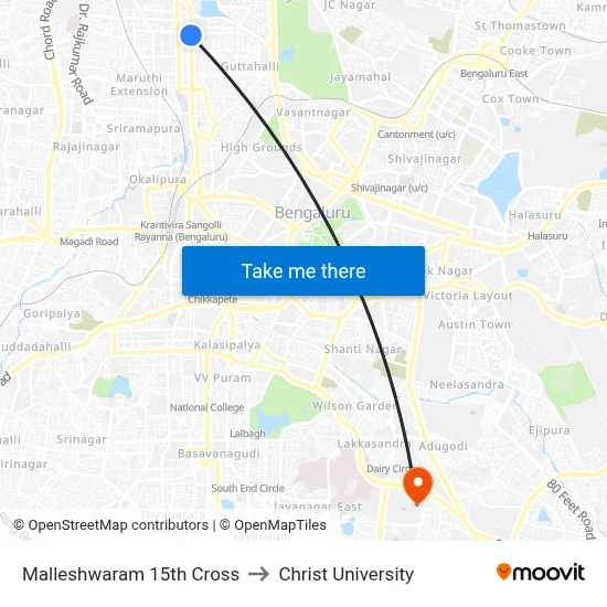 Malleshwaram 15th Cross to Christ University map