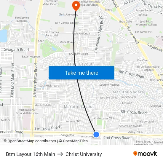 Btm Layout 16th Main to Christ University map