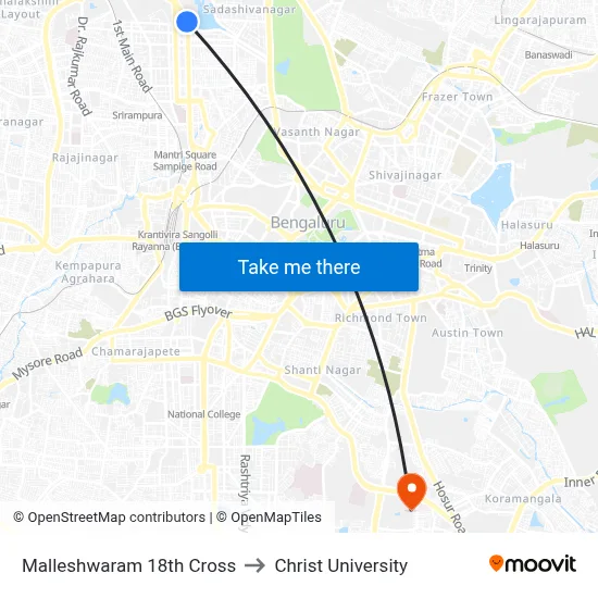 Malleshwaram 18th Cross to Christ University map